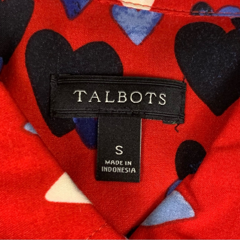 Talbots Red Long Sleeve‎ Button Up Shirt Blouse Blue White Black Hearts Size S - Picture 5 of 12